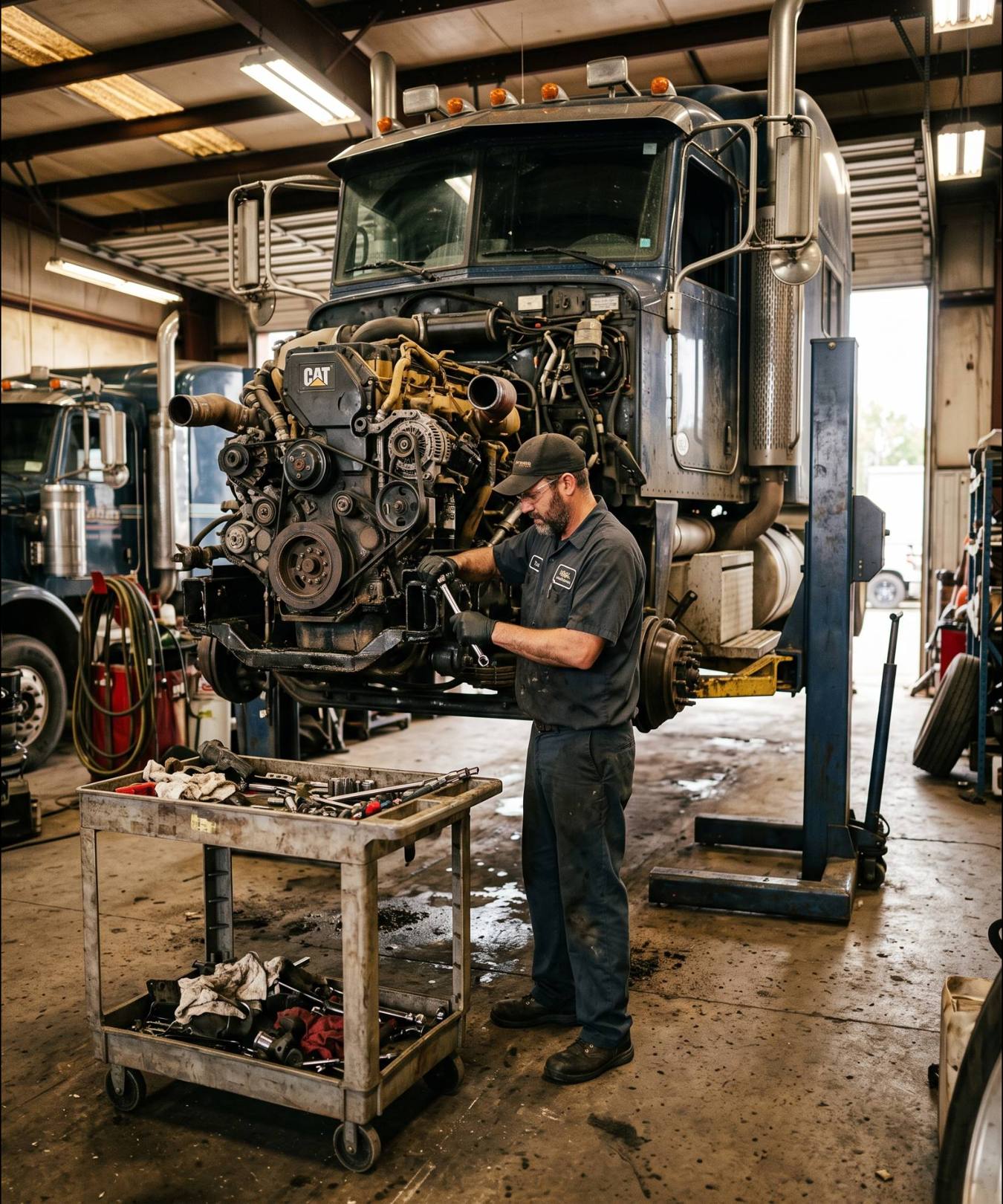 A diesel technician servicing a CAT engine on a semi-truck raised on a shop lift.